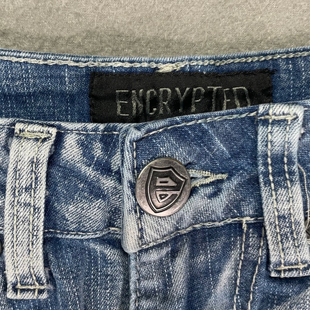 Encrypted Men's Distressed Denim Shorts Size 32 Light Wash Stretch Biker Y2K - Picture 10 of 11